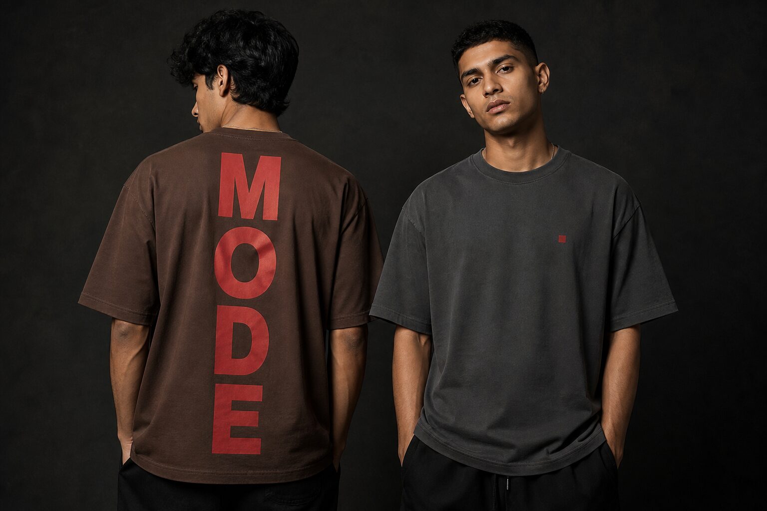 Two models wearing SVAAY oversized tees